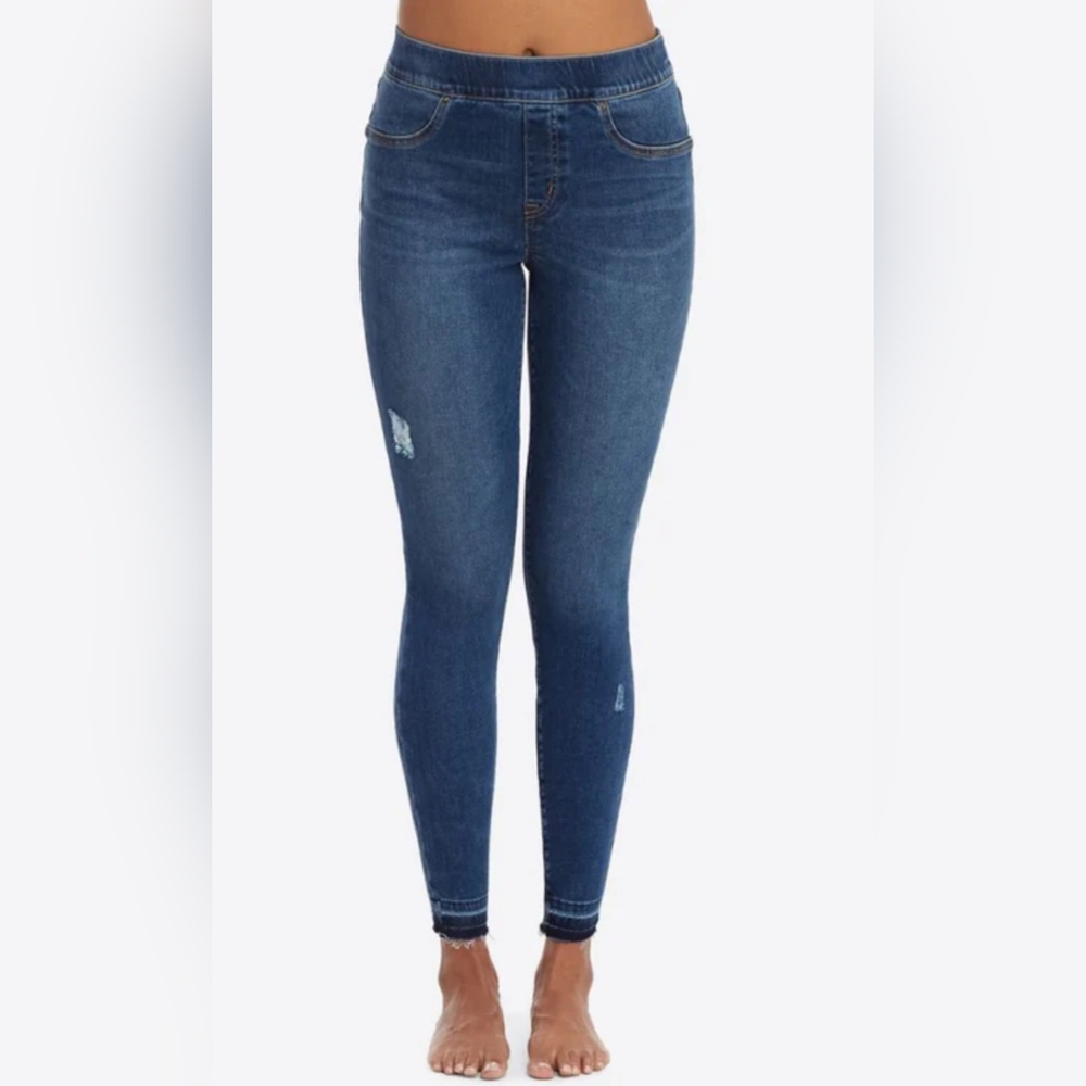 SPANX Flat Front Distressed Pull On Blue Skinny Jeans for Women